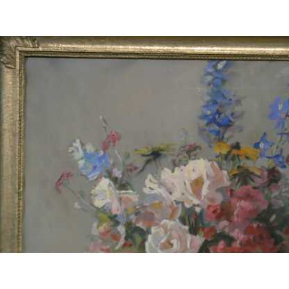 Bouquet de fleurs dans vase en porcelaine, nature morte à la gouache signée H Dame – Image 7