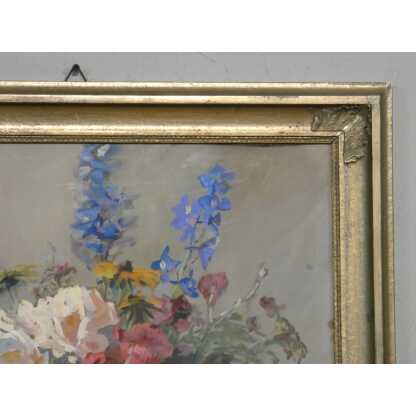 Bouquet de fleurs dans vase en porcelaine, nature morte à la gouache signée H Dame – Image 9
