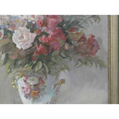 Bouquet de fleurs dans vase en porcelaine, nature morte à la gouache signée H Dame – Image 8