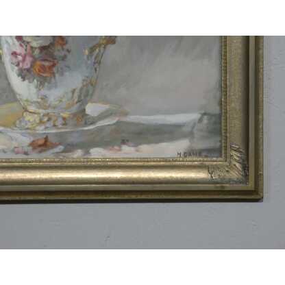 Bouquet de fleurs dans vase en porcelaine, nature morte à la gouache signée H Dame – Image 14