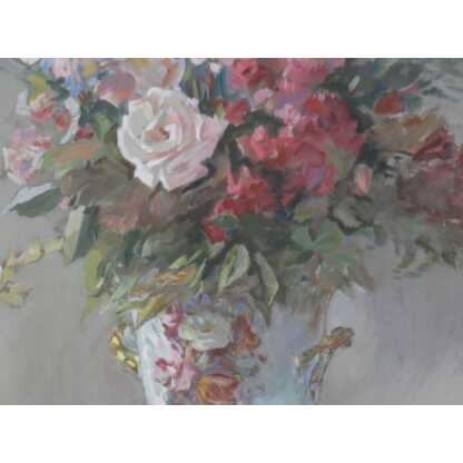 Bouquet de fleurs dans vase en porcelaine, nature morte à la gouache signée H Dame – Image 4
