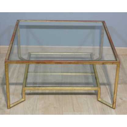 Table basse en fer doré à la feuille forme carré, deux plateaux verre, époque 1970 – Image 2