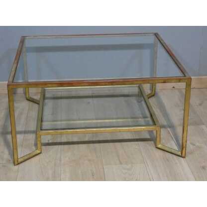 Table basse en fer doré à la feuille forme carré, deux plateaux verre, époque 1970 – Image 11
