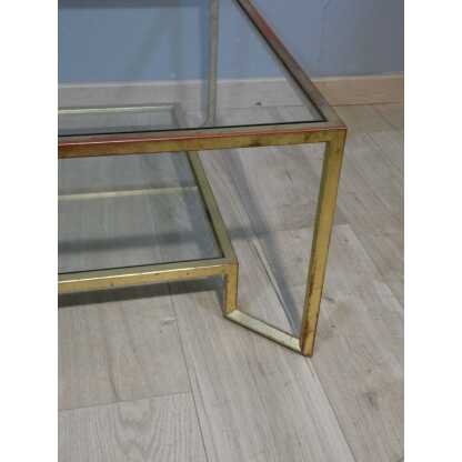 Table basse en fer doré à la feuille forme carré, deux plateaux verre, époque 1970 – Image 10