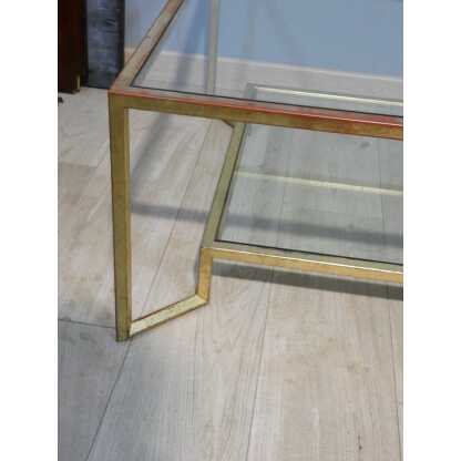 Table basse en fer doré à la feuille forme carré, deux plateaux verre, époque 1970 – Image 9