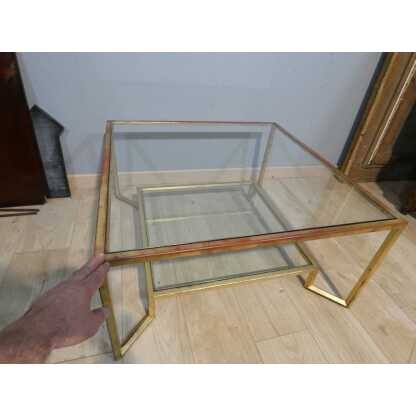 Table basse en fer doré à la feuille forme carré, deux plateaux verre, époque 1970 – Image 4
