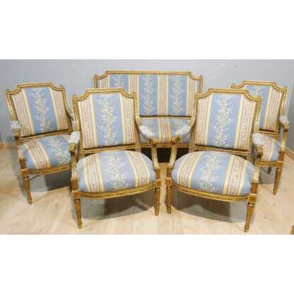 Salon Louis XVI bois doré, banquette et 4 fauteuils bois sculpté, époque XIX ème