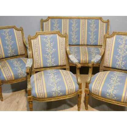 Salon Louis XVI bois doré, banquette et 4 fauteuils bois sculpté, époque XIX ème – Image 2