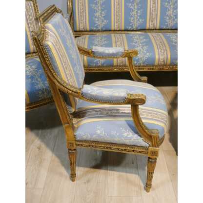 Salon Louis XVI bois doré, banquette et 4 fauteuils bois sculpté, époque XIX ème – Image 8