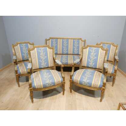 Salon Louis XVI bois doré, banquette et 4 fauteuils bois sculpté, époque XIX ème – Image 3