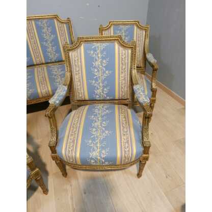Salon Louis XVI bois doré, banquette et 4 fauteuils bois sculpté, époque XIX ème – Image 16