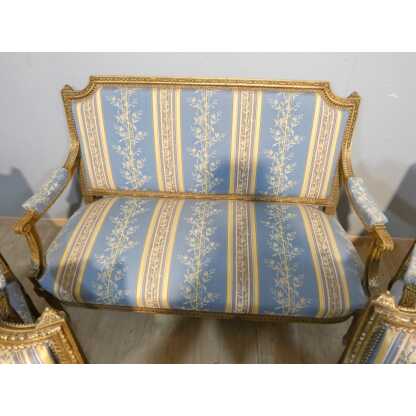 Salon Louis XVI bois doré, banquette et 4 fauteuils bois sculpté, époque XIX ème – Image 14