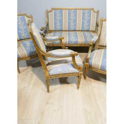 Salon Louis XVI bois doré, banquette et 4 fauteuils bois sculpté, époque XIX ème – Image 13