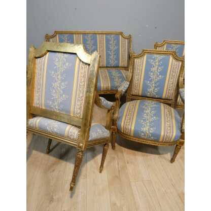 Salon Louis XVI bois doré, banquette et 4 fauteuils bois sculpté, époque XIX ème – Image 11
