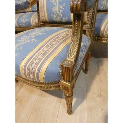 Salon Louis XVI bois doré, banquette et 4 fauteuils bois sculpté, époque XIX ème – Image 10