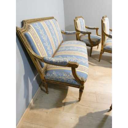 Salon Louis XVI bois doré, banquette et 4 fauteuils bois sculpté, époque XIX ème – Image 9
