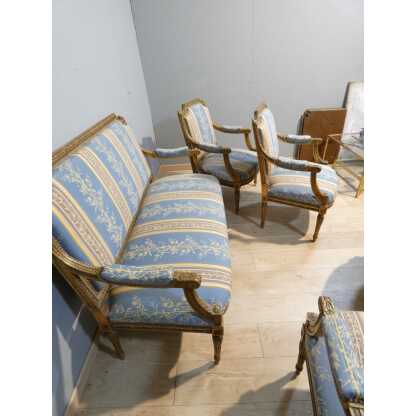Salon Louis XVI bois doré, banquette et 4 fauteuils bois sculpté, époque XIX ème – Image 15