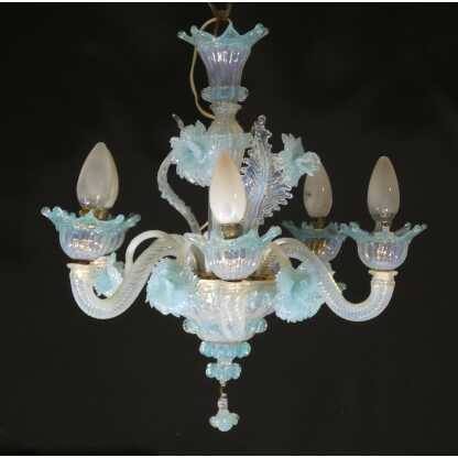 Petit lustre italien en verre opalescent bleu de Murano Venise