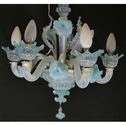 Petit lustre italien en verre opalescent bleu de Murano Venise – Image 12