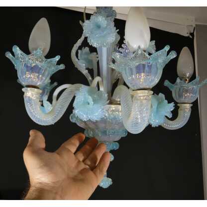 Petit lustre italien en verre opalescent bleu de Murano Venise – Image 10