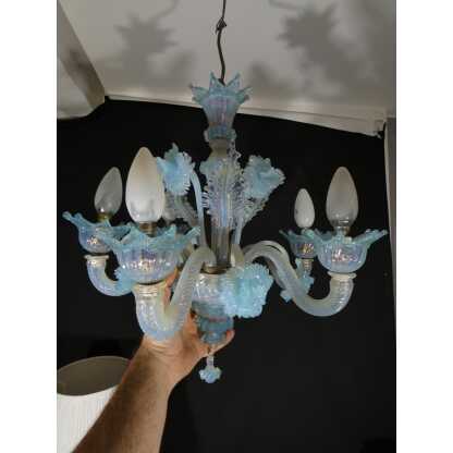 Petit lustre italien en verre opalescent bleu de Murano Venise – Image 3
