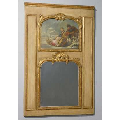 Trumeau de style Louis XV en bois doré et peint, tableau scène de neige avec traîneau