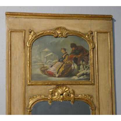 Trumeau de style Louis XV en bois doré et peint, tableau scène de neige avec traîneau – Image 2