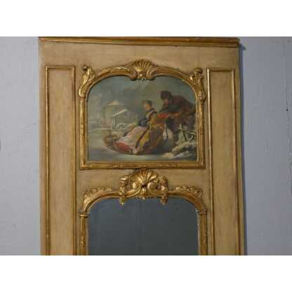 Trumeau de style Louis XV en bois doré et peint, tableau scène de neige avec traîneau – Image 15