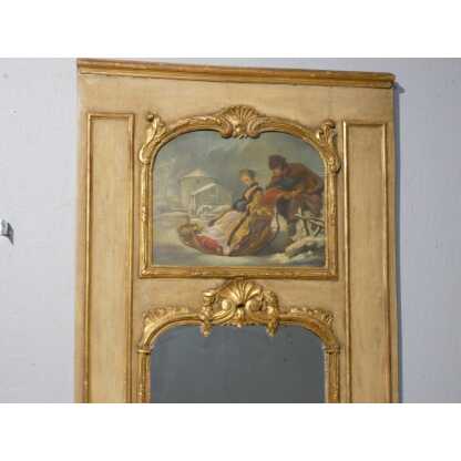 Trumeau de style Louis XV en bois doré et peint, tableau scène de neige avec traîneau – Image 4