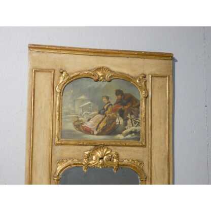 Trumeau de style Louis XV en bois doré et peint, tableau scène de neige avec traîneau – Image 13
