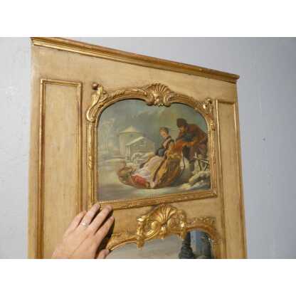 Trumeau de style Louis XV en bois doré et peint, tableau scène de neige avec traîneau – Image 11
