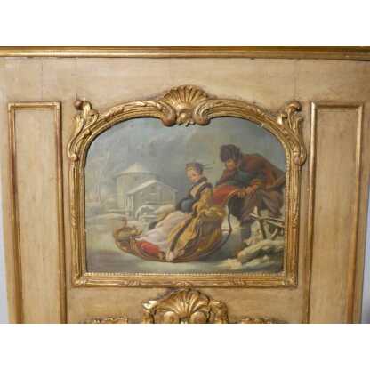 Trumeau de style Louis XV en bois doré et peint, tableau scène de neige avec traîneau – Image 6