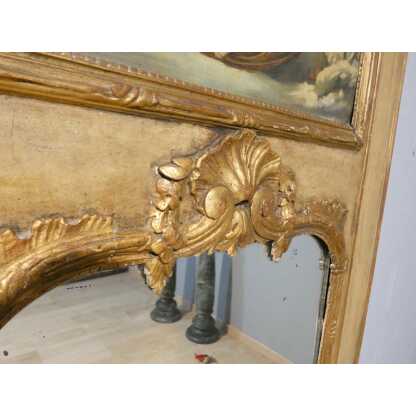 Trumeau de style Louis XV en bois doré et peint, tableau scène de neige avec traîneau – Image 10