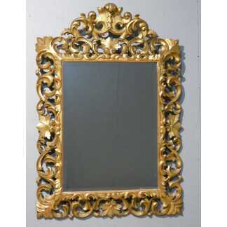 Miroir En Bois Sculpté Ajouré Doré à La Feuille, Italie époque XIX ème, Tain Mercure Biseauté