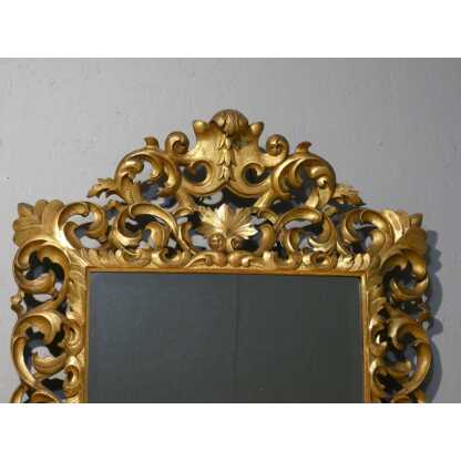 Miroir En Bois Sculpté Ajouré Doré à La Feuille, Italie époque XIX ème, Tain Mercure Biseauté – Image 6