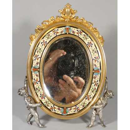 Maison A Giroux, miroir aux amours en bronze émaillé en champlevé, époque XIX ème