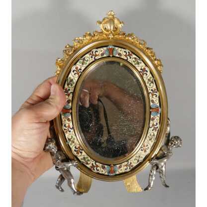 Maison A Giroux, miroir aux amours en bronze émaillé en champlevé, époque XIX ème – Image 3