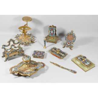 Nécessaire de bureau Napoléon III en bronze émaillé et onyx, 10 pièces, époque XIX ème