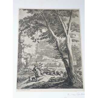 La Fuite de Corisca, ca. 1695 - 1705 par Richard Van Orley, gravure à l'eau forte époque XVII è