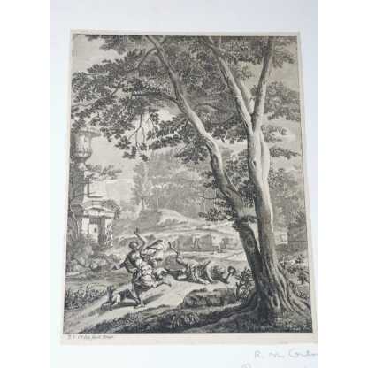 La Fuite de Corisca, ca. 1695 - 1705 par Richard Van Orley, gravure à l'eau forte époque XVII è