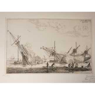 Carel Allard (1648-1709) gravure originale d'après Renier Noons dit Zeeman, bateaux au port