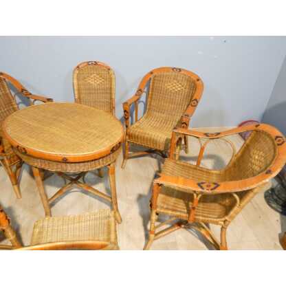 Salon de jardin d'hiver en rotin, 4 fauteuils, 2 chaises et table, milieu XX ème – Image 2
