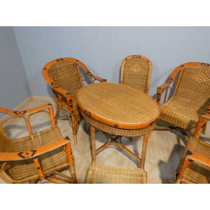 Salon de jardin d'hiver en rotin, 4 fauteuils, 2 chaises et table, milieu XX ème – Image 3