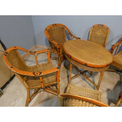 Salon de jardin d'hiver en rotin, 4 fauteuils, 2 chaises et table, milieu XX ème – Image 5