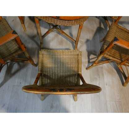 Salon de jardin d'hiver en rotin, 4 fauteuils, 2 chaises et table, milieu XX ème – Image 11