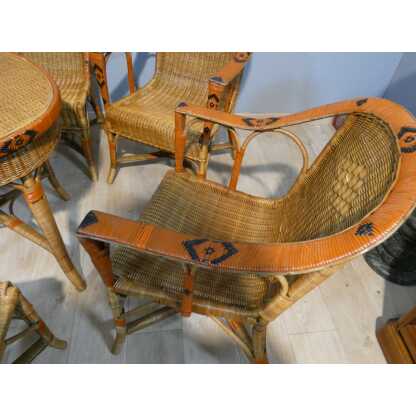 Salon de jardin d'hiver en rotin, 4 fauteuils, 2 chaises et table, milieu XX ème – Image 10