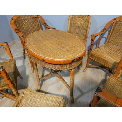 Salon de jardin d'hiver en rotin, 4 fauteuils, 2 chaises et table, milieu XX ème – Image 4