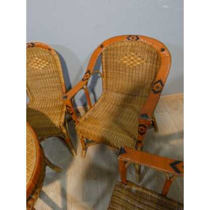Salon de jardin d'hiver en rotin, 4 fauteuils, 2 chaises et table, milieu XX ème – Image 9