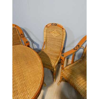Salon de jardin d'hiver en rotin, 4 fauteuils, 2 chaises et table, milieu XX ème – Image 8