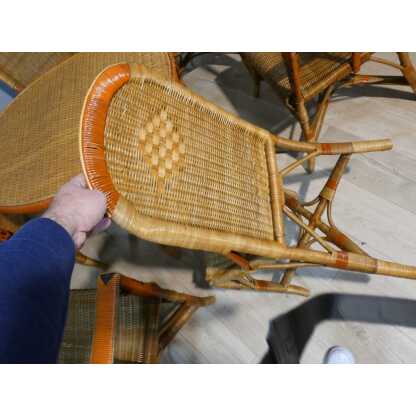 Salon de jardin d'hiver en rotin, 4 fauteuils, 2 chaises et table, milieu XX ème – Image 7